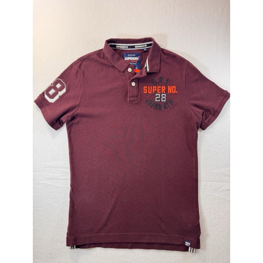 Superdry Premium Super No. 28 Mens Short Sleeve Polo Maroon Large Casual Y2K EUC